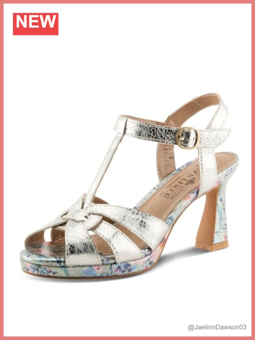 Women's T-Strap Heels with Floral Touch, Metallic Upper & 3.5-Inch Heel